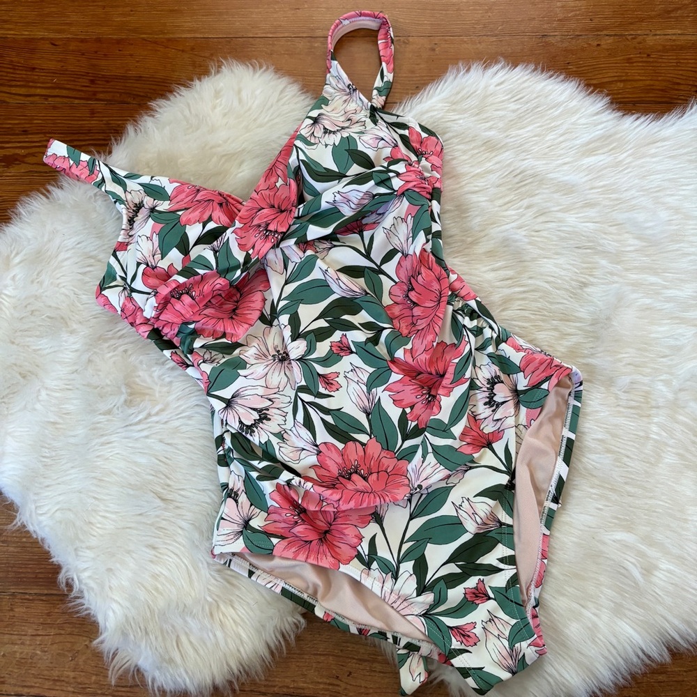 Pink White & Green Floral Open Back Ruched One Piece Swimsuit